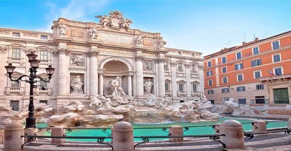 Panoramic view of the Trevi Fountain in Rome, Italy.