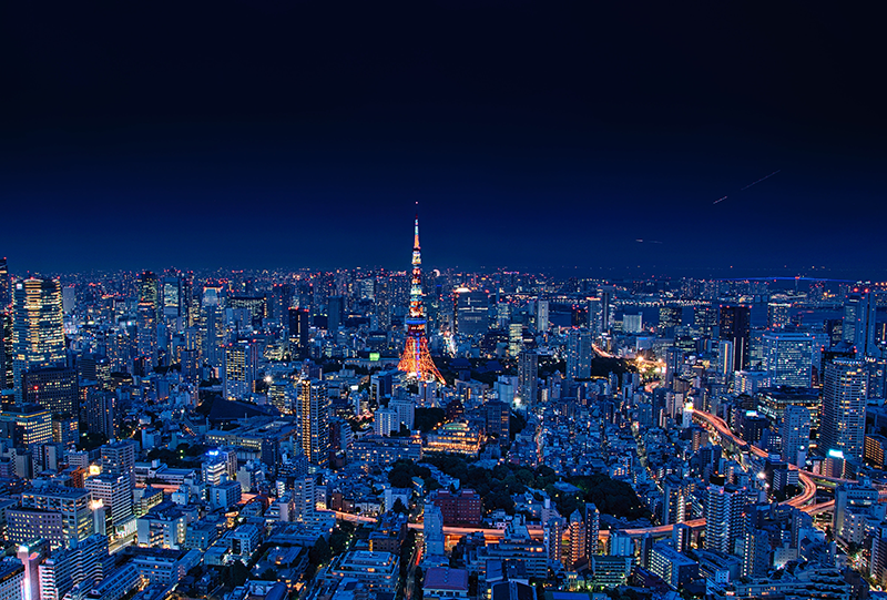 blue night skyline of tokyo japan