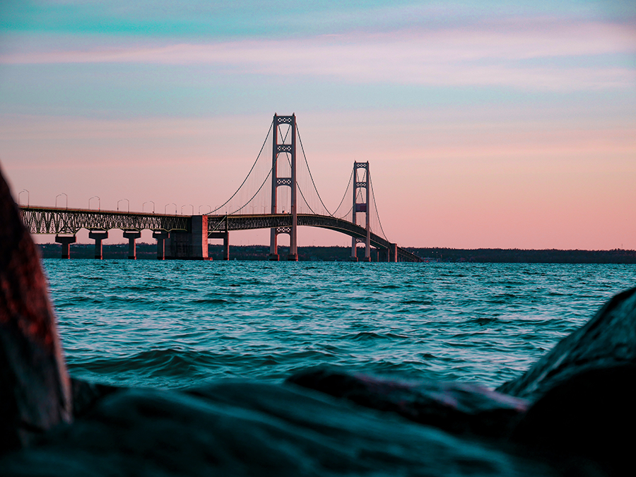 Bridge to Mackinac Island with twilight skies in the background