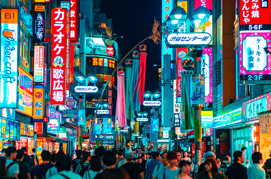 neon lights in downtown tokyo with vibrant nightlife