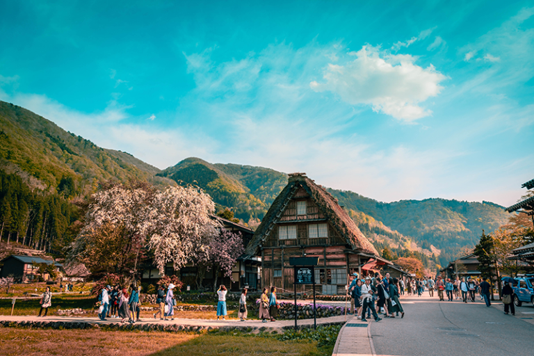 riverside village of Ogimachi with traditional thatch-roofed farmhouses