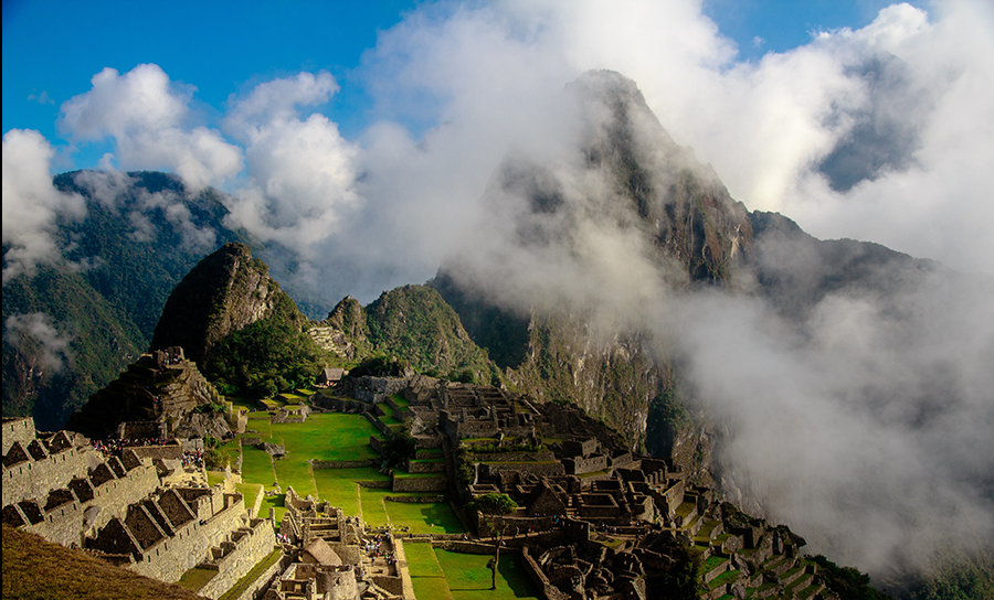 aerial view of Machu Picchu in a foggy morning