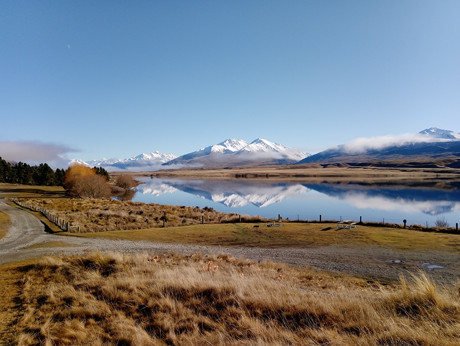 lake, mountain with snow cap in new zealand