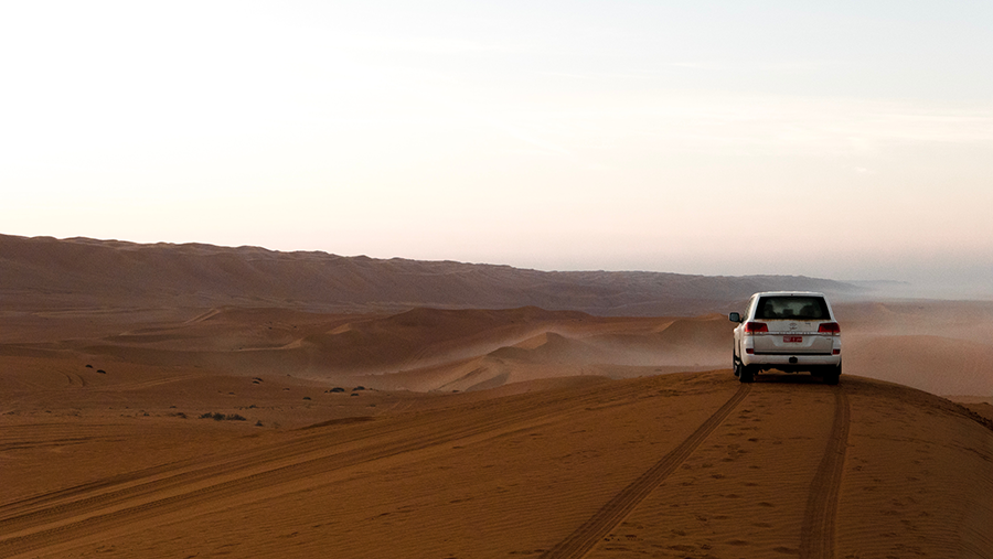 white suv, oman, wahiba sands, green and soil in Oman