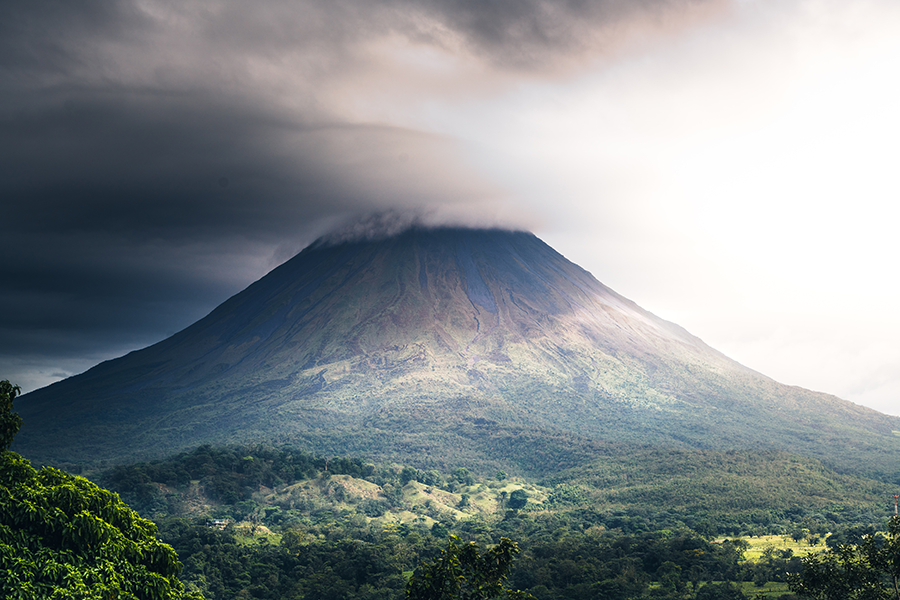 lush volcano in costa rica on a cloudy day