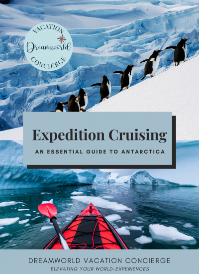 Dreamworld Vacation Concierge's prepared pdf essential guide to Antarctica. In a expedition cruise, the cover's bottom half is an image of a red kayak surrounded by melting ice broken off early my glaciers. The cover's top half shows a waddle of penguins on a glacier incline.